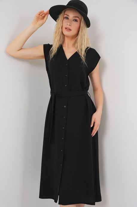 Strukturiertes V-Ausschnitt-Midikleid mit Knopfverschluss - Image 1