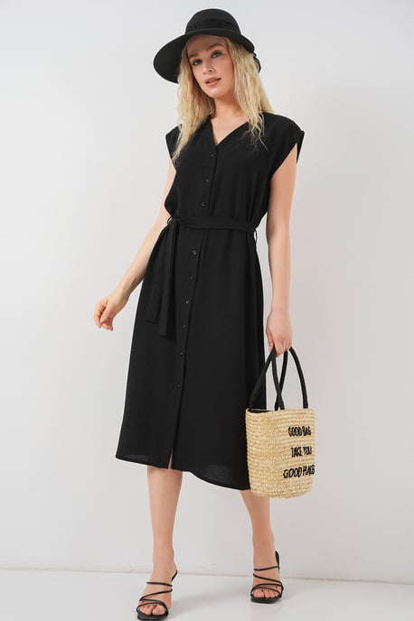 Strukturiertes V-Ausschnitt-Midikleid mit Knopfverschluss - Image 2