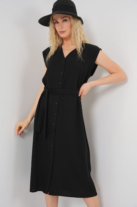 Strukturiertes V-Ausschnitt-Midikleid mit Knopfverschluss - Image 4