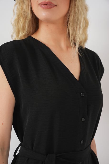 Strukturiertes V-Ausschnitt-Midikleid mit Knopfverschluss - Image 5