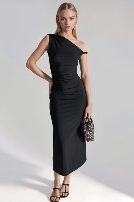 Asymmetrischer Kragen Bodycon Midi Kleid - Image 1