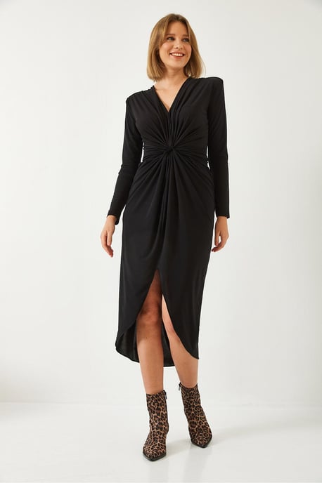 V-Ausschnitt Raffung Midi-Kleid - Image 2