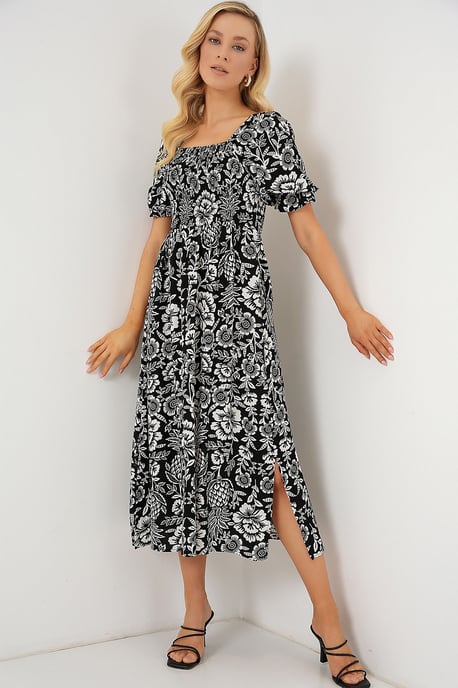 Blumen-Midikleid mit quadratischem Kragen und Schlitz - Image 2