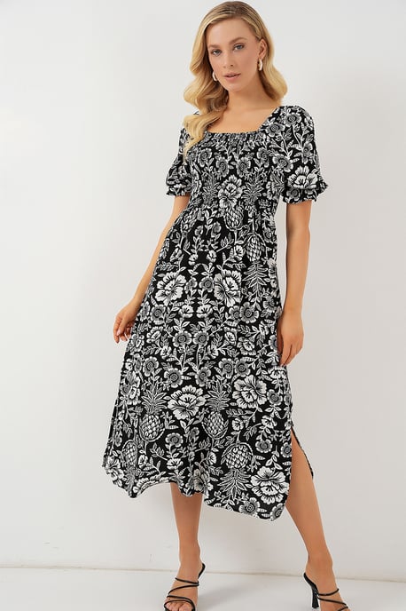 Blumen-Midikleid mit quadratischem Kragen und Schlitz - Image 3