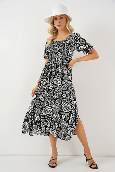 Blumen-Midikleid mit quadratischem Kragen und Schlitz - Image 4