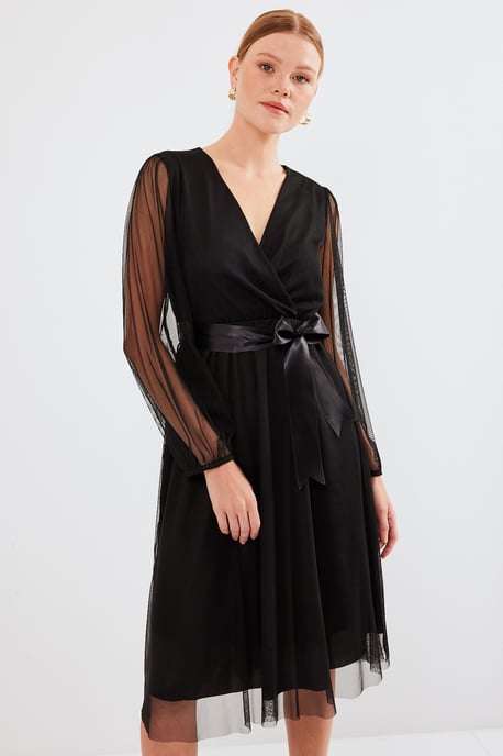Midi-Tüllkleid mit Schleife und V-Ausschnitt - Image 1