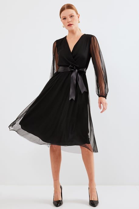 Midi-Tüllkleid mit Schleife und V-Ausschnitt - Image 2