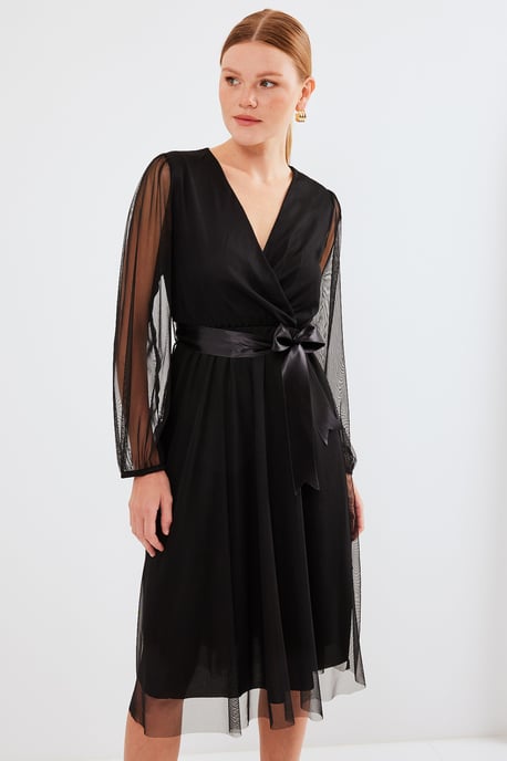 Midi-Tüllkleid mit Schleife und V-Ausschnitt - Image 3