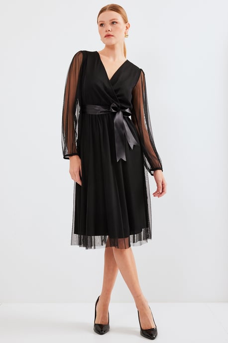 Midi-Tüllkleid mit Schleife und V-Ausschnitt - Image 4