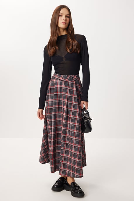 Kariierter High-Waist Faltenrock MIDI - Image 1