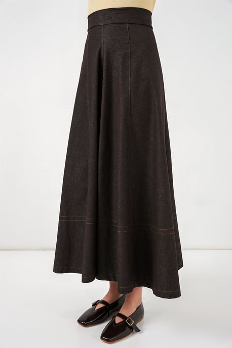 Hoch taillierter Denim A-Linien Maxi-Rock mit Taschen - Image 2