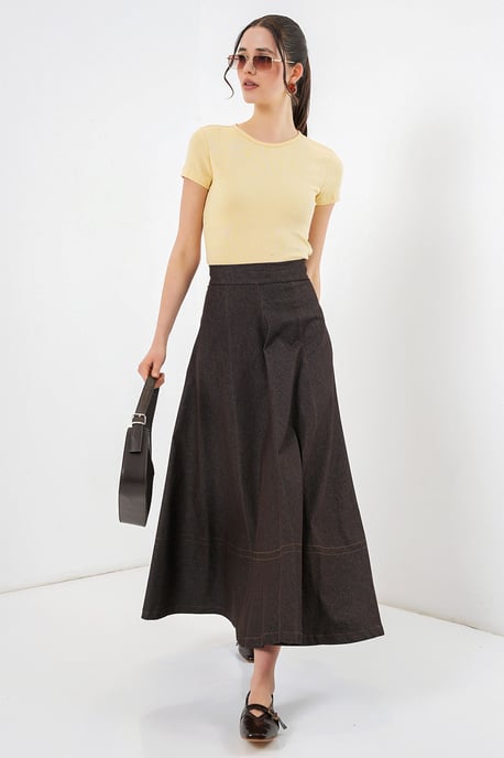 Hoch taillierter Denim A-Linien Maxi-Rock mit Taschen - Image 3