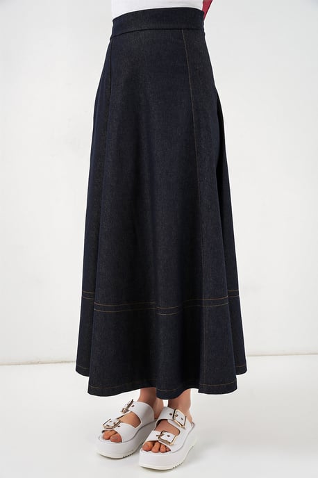 Hoch taillierter Denim A-Linien Maxi-Rock mit Taschen - Image 2