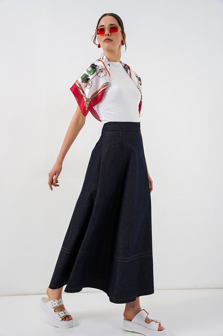 Hoch taillierter Denim A-Linien Maxi-Rock mit Taschen - Image 3