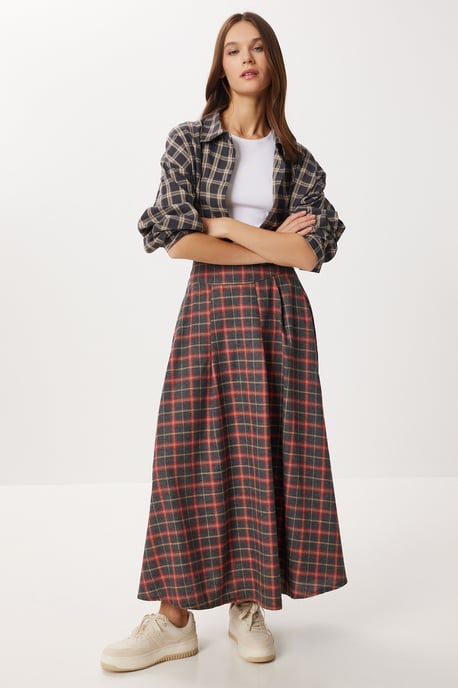 Kariierter Hohe Taille Faltengürtel Midi-Rock - Image 3