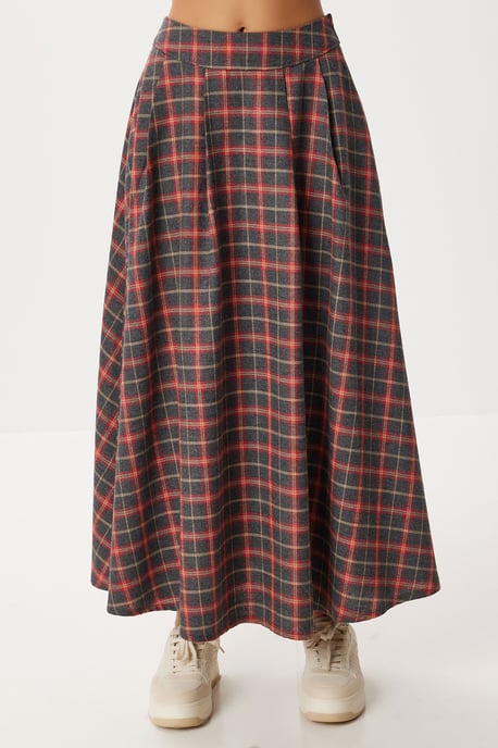 Kariierter Hohe Taille Faltengürtel Midi-Rock - Image 4