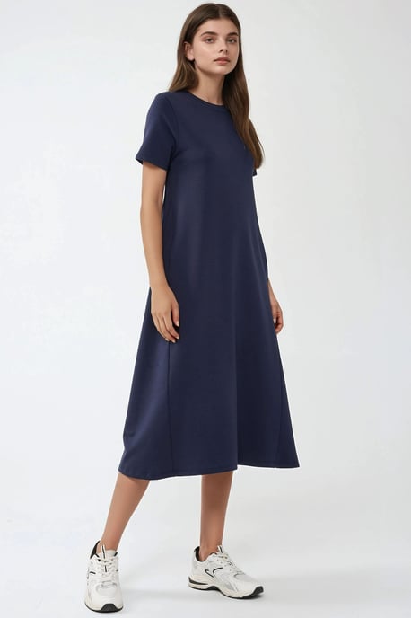Crew Neck Kurzarm Basis Midi-Kleid - Image 3