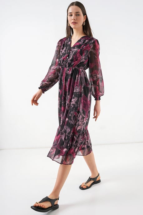 V-Ausschnitt Midi-Kleid mit Knopfverschluss - Image 1