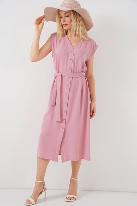 Strukturiertes V-Ausschnitt-Midikleid mit Knopfverschluss - Image 2