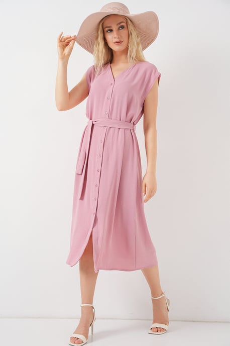 Strukturiertes V-Ausschnitt-Midikleid mit Knopfverschluss - Image 4