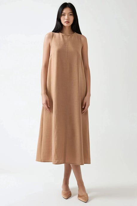 Leinen-Optik Ärmelloses Rundhals-Midi-Kleid - Image 1