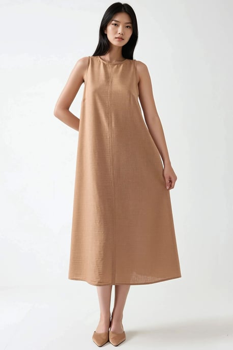 Leinen-Optik Ärmelloses Rundhals-Midi-Kleid - Image 2