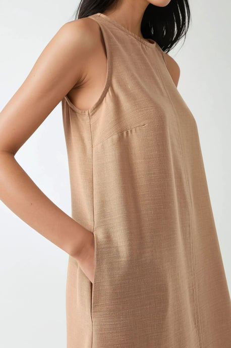 Leinen-Optik Ärmelloses Rundhals-Midi-Kleid - Image 3
