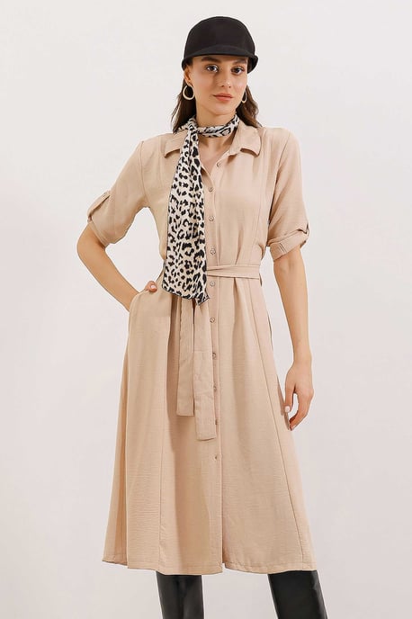 Strukturiertes Midikleid mit Schleife - Image 1