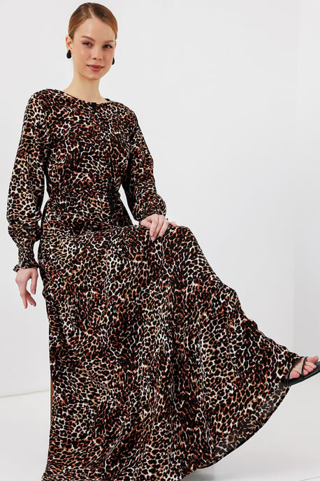 Blätterdruck Langarm Stufenmaxikleid - Image 1