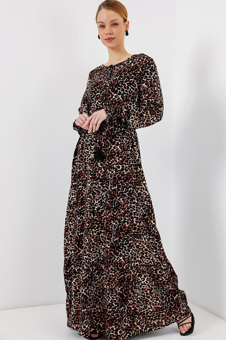 Blätterdruck Langarm Stufenmaxikleid - Image 2