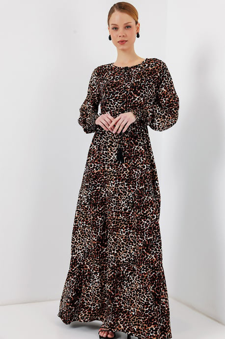 Blätterdruck Langarm Stufenmaxikleid - Image 3