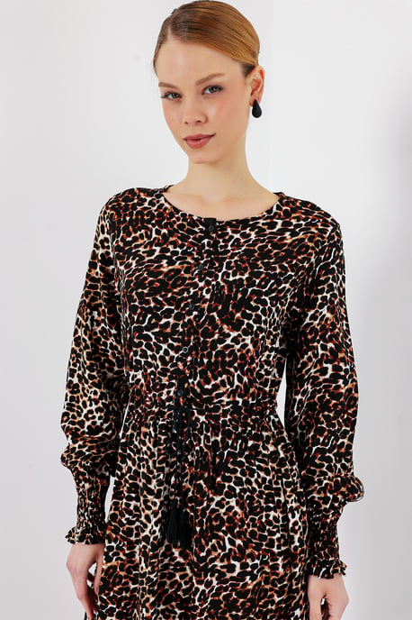 Blätterdruck Langarm Stufenmaxikleid - Image 4