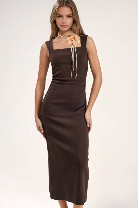 Eckiger Kragen Bodycon Midikleid mit Schlitz - Image 1