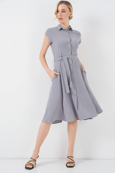 Knopfleisten-Hemdkragen A-Linien Midi-Kleid mit Bindungsdetails - Image 2
