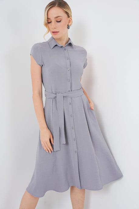 Knopfleisten-Hemdkragen A-Linien Midi-Kleid mit Bindungsdetails - Image 3