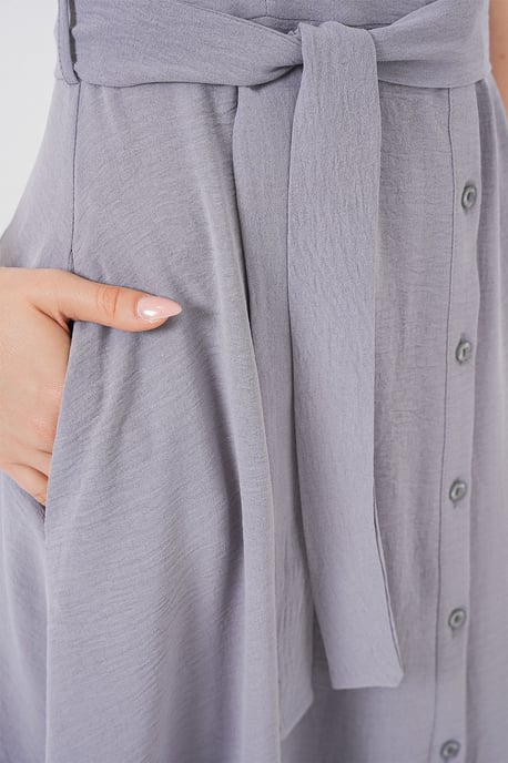 Knopfleisten-Hemdkragen A-Linien Midi-Kleid mit Bindungsdetails - Image 5