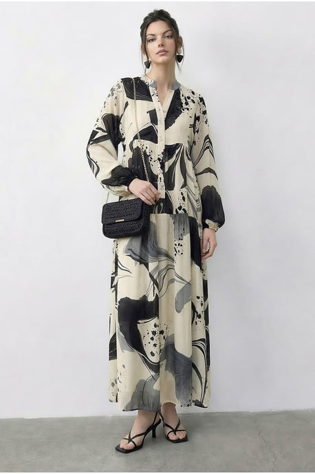 Abstraktes V-Ausschnitt-Midikleid mit langen Ärmeln - Image 1