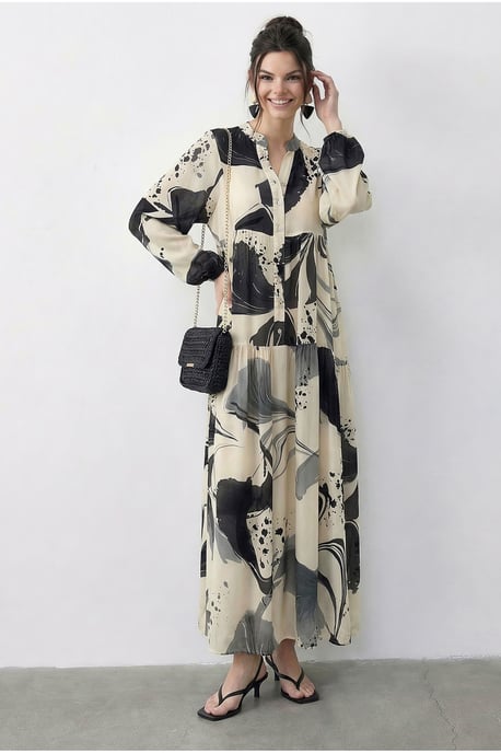 Abstraktes V-Ausschnitt-Midikleid mit langen Ärmeln - Image 2