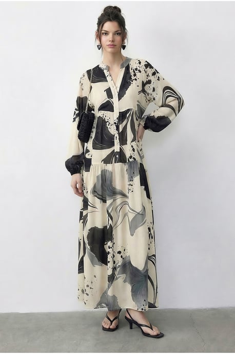 Abstraktes V-Ausschnitt-Midikleid mit langen Ärmeln - Image 3