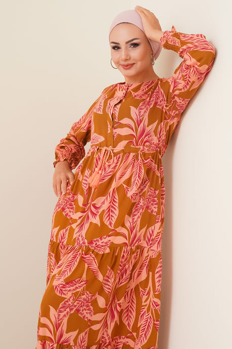 Blattmuster Langarm Stufen-Maxi-Kleid - Image 3