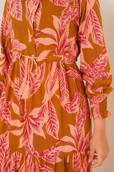 Blattmuster Langarm Stufen-Maxi-Kleid - Image 4