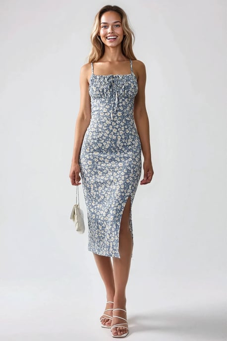 Allover Blumenmuster Bodycon Midi Kleid mit Schlitz - Image 2