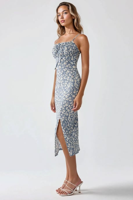Allover Blumenmuster Bodycon Midi Kleid mit Schlitz - Image 6