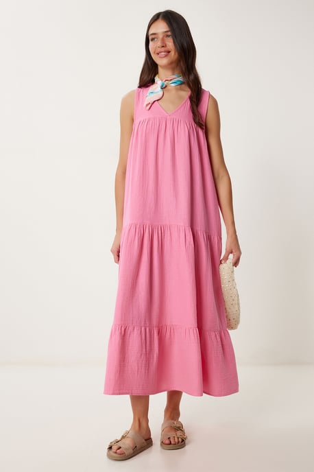 Rüschen V-Ausschnitt Midi-Kleid - Image 1