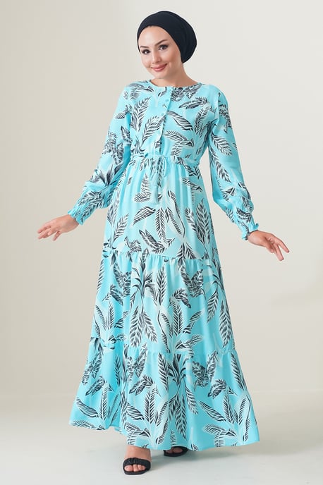 Blätterdruck Langarm Schichten-Maxikleid - Image 1