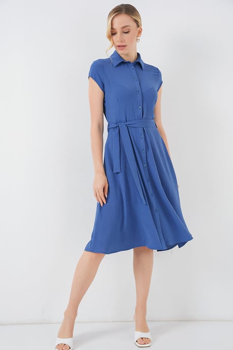 Knopfleiste Hemdkragen A-Form Midi-Kleid mit Binde-Detail - Image 2