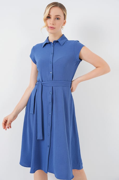 Knopfleiste Hemdkragen A-Form Midi-Kleid mit Binde-Detail - Image 3