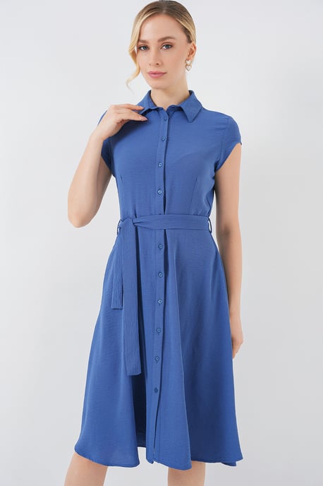 Knopfleiste Hemdkragen A-Form Midi-Kleid mit Binde-Detail - Image 4