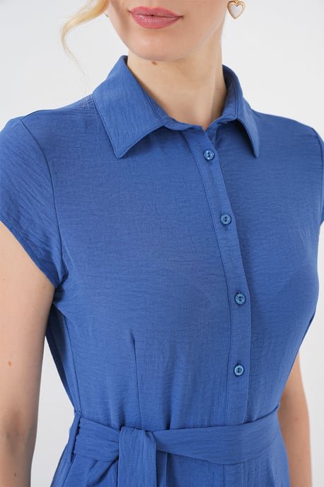 Knopfleiste Hemdkragen A-Form Midi-Kleid mit Binde-Detail - Image 5