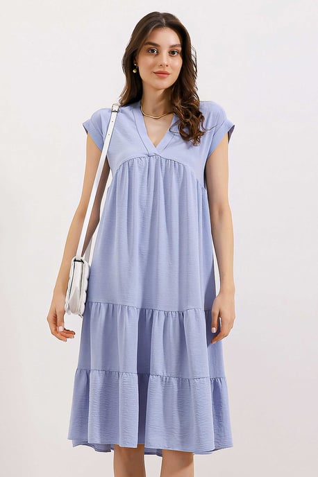 Rüschen V-Ausschnitt Midi-Kleid - Image 1